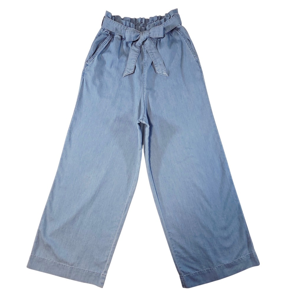 &Denim Wide Leg High Waist Pants Womens 2 Light Blue Chambray Belted Culotte